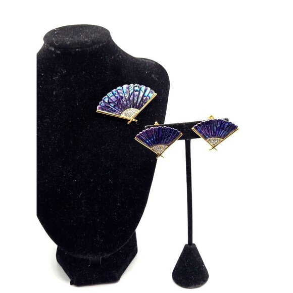 Butler Signed Rare Purple Abalone Shell Fan Brooch and Clip Earring Set Vintage - Picture 5 of 7